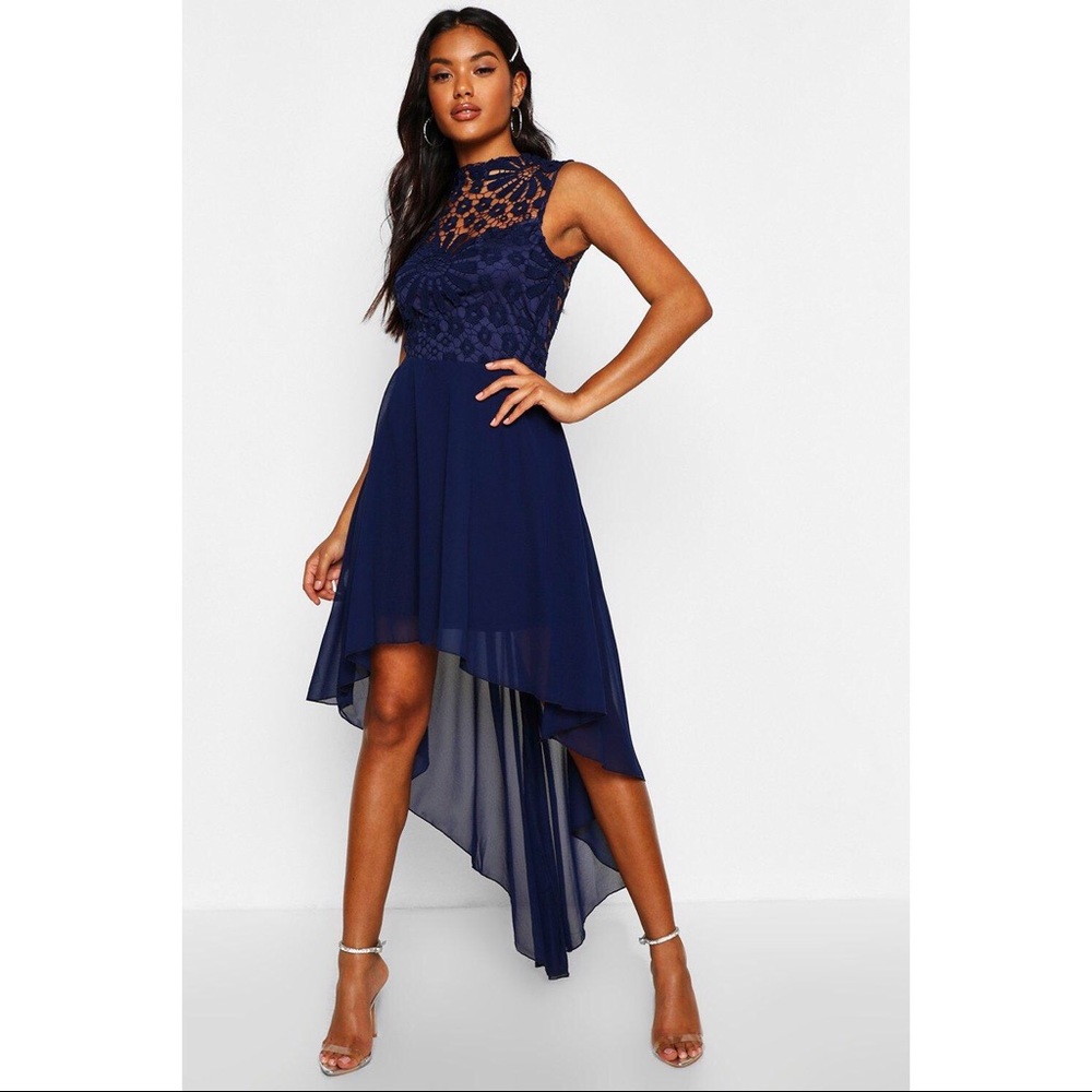 Boohoo Boutique Lace Top Chiffon Dip Hem Dress